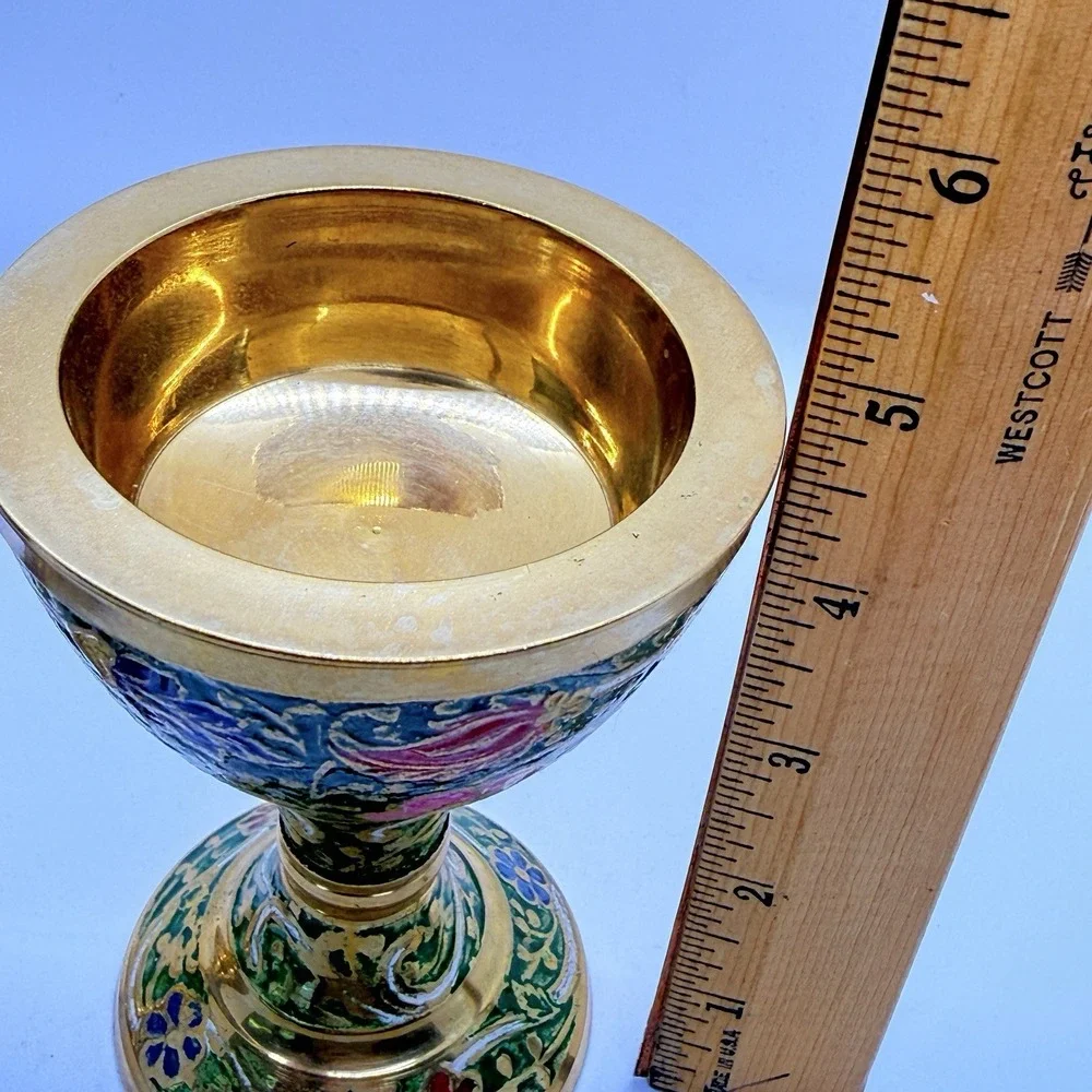 Vintage Brass Meenakari Enamel Bakhoor Burners Pair Floral Chalice Altar Decor